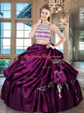 Scoop Backless Taffeta Sleeveless Floor Length Sweet 16 Dress and Beading and Appliques and Pick Ups