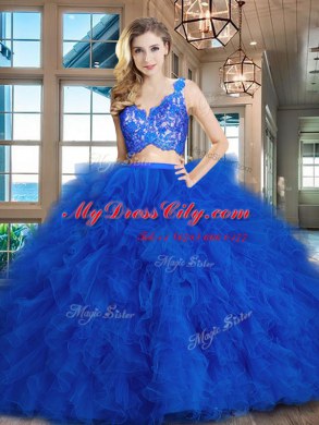 New Arrival Sleeveless Brush Train Zipper Lace and Ruffles Quinceanera Dress