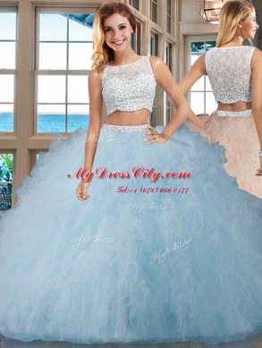 Sleeveless Floor Length Beading and Ruffles Side Zipper Quinceanera Dresses with Light Blue