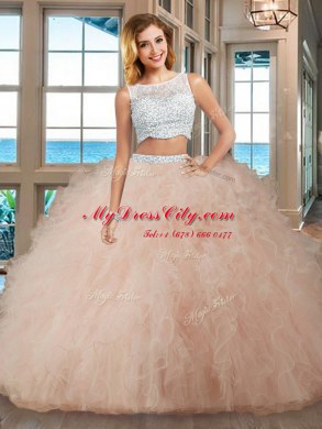 Sleeveless Floor Length Beading and Ruffles Side Zipper Quinceanera Dresses with Light Blue