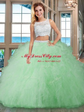 Sleeveless Floor Length Beading and Ruffles Side Zipper Quinceanera Dresses with Light Blue