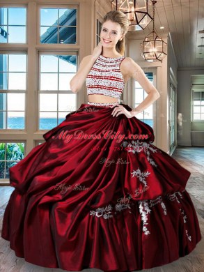 Flirting Pick Ups Two Pieces Quinceanera Dresses Wine Red Scoop Taffeta Sleeveless Floor Length Backless