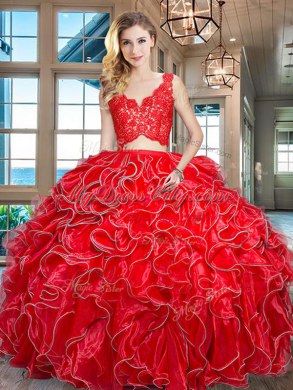 Glamorous Red Zipper V-neck Lace and Ruffles Ball Gown Prom Dress Organza Sleeveless