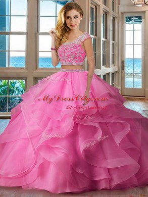 Scoop Apple Green Organza Backless Sweet 16 Quinceanera Dress Cap Sleeves Floor Length Beading and Ruffles