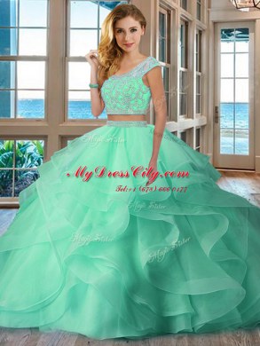 Scoop Apple Green Organza Backless Sweet 16 Quinceanera Dress Cap Sleeves Floor Length Beading and Ruffles