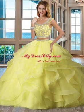 Scoop Apple Green Organza Backless Sweet 16 Quinceanera Dress Cap Sleeves Floor Length Beading and Ruffles