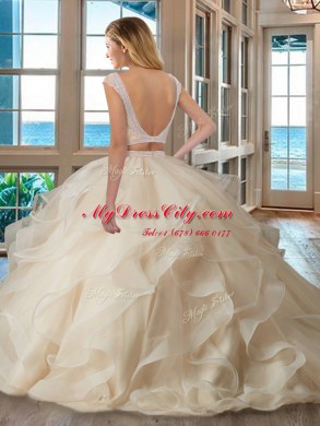 Scoop Apple Green Organza Backless Sweet 16 Quinceanera Dress Cap Sleeves Floor Length Beading and Ruffles