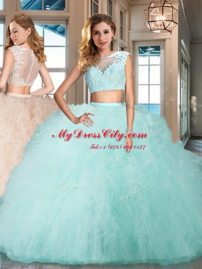 Aqua Blue Zipper Bateau Appliques and Ruffles 15 Quinceanera Dress Tulle Cap Sleeves