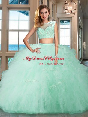 Aqua Blue Zipper Bateau Appliques and Ruffles 15 Quinceanera Dress Tulle Cap Sleeves