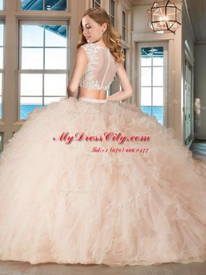 Aqua Blue Zipper Bateau Appliques and Ruffles 15 Quinceanera Dress Tulle Cap Sleeves