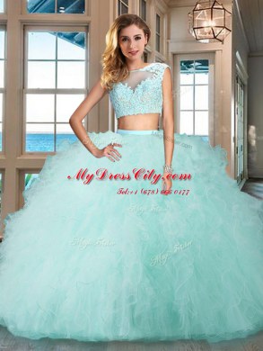 Aqua Blue Zipper Bateau Appliques and Ruffles 15 Quinceanera Dress Tulle Cap Sleeves
