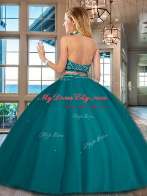 Custom Fit Halter Top Royal Blue Two Pieces Beading Quinceanera Gown Backless Tulle Sleeveless Floor Length
