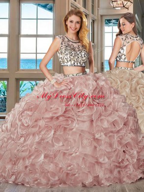 Pink 15th Birthday Dress Military Ball and Sweet 16 and Quinceanera and For with Beading and Ruffles Scoop Cap Sleeves Brush Train Backless