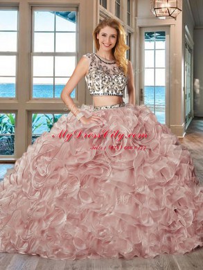 Pink 15th Birthday Dress Military Ball and Sweet 16 and Quinceanera and For with Beading and Ruffles Scoop Cap Sleeves Brush Train Backless