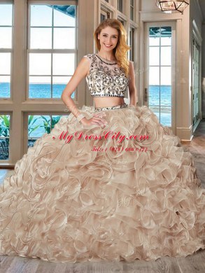 Pink 15th Birthday Dress Military Ball and Sweet 16 and Quinceanera and For with Beading and Ruffles Scoop Cap Sleeves Brush Train Backless