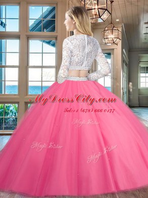 Scoop Baby Blue Long Sleeves Floor Length Beading and Lace Zipper Quince Ball Gowns