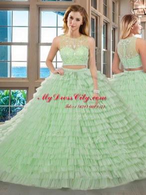 Apple Green Quince Ball Gowns Military Ball and Sweet 16 and Quinceanera and For with Beading and Ruffled Layers Scoop Sleeveless Zipper