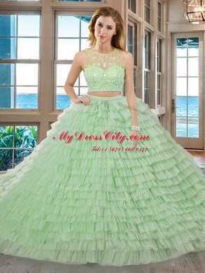 Apple Green Quince Ball Gowns Military Ball and Sweet 16 and Quinceanera and For with Beading and Ruffled Layers Scoop Sleeveless Zipper