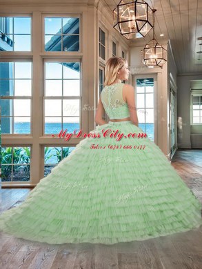 Apple Green Quince Ball Gowns Military Ball and Sweet 16 and Quinceanera and For with Beading and Ruffled Layers Scoop Sleeveless Zipper