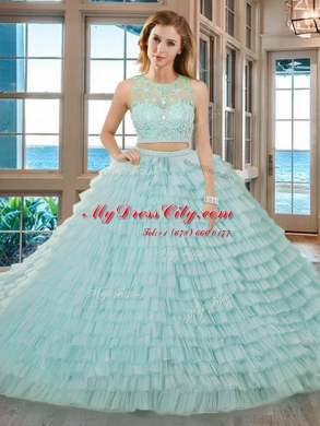 Apple Green Quince Ball Gowns Military Ball and Sweet 16 and Quinceanera and For with Beading and Ruffled Layers Scoop Sleeveless Zipper
