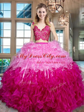 Two Pieces Sweet 16 Dress Multi-color V-neck Organza Sleeveless Floor Length Zipper
