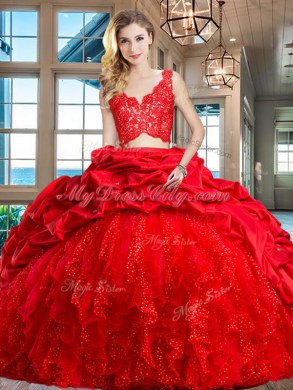 Pick Ups Red Quinceanera Dresses V-neck Sleeveless Brush Train Zipper