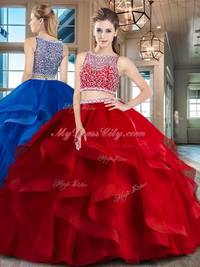 Glittering Bateau Sleeveless Tulle Sweet 16 Quinceanera Dress Beading and Ruffles Side Zipper