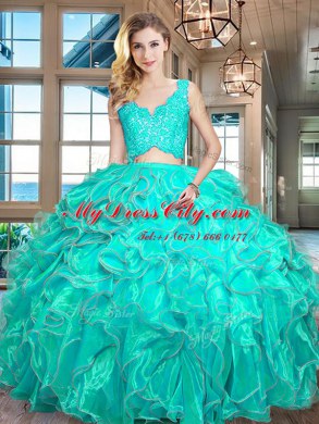 Turquoise Sleeveless Lace and Ruffles Floor Length Quinceanera Dresses