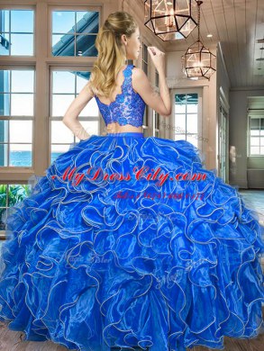 Turquoise Sleeveless Lace and Ruffles Floor Length Quinceanera Dresses