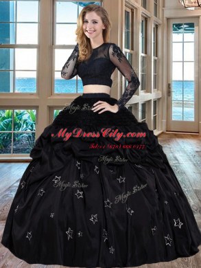 Black Two Pieces Scoop Long Sleeves Taffeta Floor Length Backless Embroidery Sweet 16 Dresses