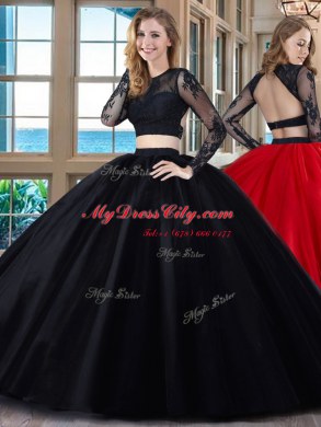 Scoop Black and Red Two Pieces Appliques Sweet 16 Dress Backless Tulle Long Sleeves Floor Length