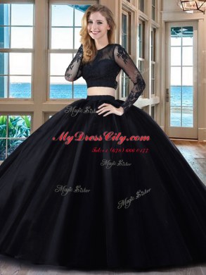 Scoop Black and Red Two Pieces Appliques Sweet 16 Dress Backless Tulle Long Sleeves Floor Length