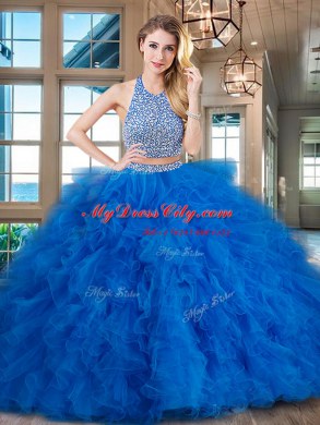 Fuchsia Tulle Backless Halter Top Sleeveless With Train 15th Birthday Dress Brush Train Beading and Ruffles