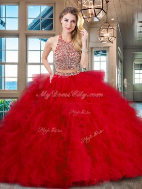 Fuchsia Tulle Backless Halter Top Sleeveless With Train 15th Birthday Dress Brush Train Beading and Ruffles