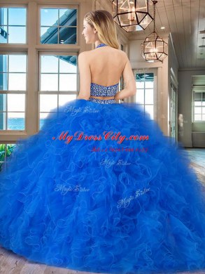 Fuchsia Tulle Backless Halter Top Sleeveless With Train 15th Birthday Dress Brush Train Beading and Ruffles