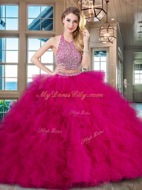Fuchsia Tulle Backless Halter Top Sleeveless With Train 15th Birthday Dress Brush Train Beading and Ruffles