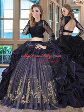 Trendy Scoop Pick Ups With Train Two Pieces Long Sleeves Purple 15 Quinceanera Dress Brush Train Backless