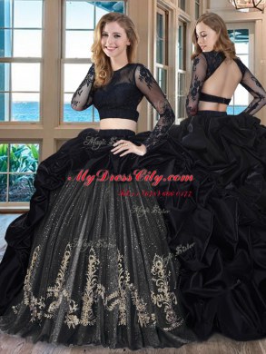 Fashionable Black Two Pieces Taffeta Scoop Long Sleeves Embroidery and Pick Ups With Train Backless Vestidos de Quinceanera Brush Train