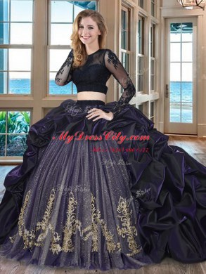 Fashionable Black Two Pieces Taffeta Scoop Long Sleeves Embroidery and Pick Ups With Train Backless Vestidos de Quinceanera Brush Train