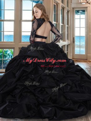 Fashionable Black Two Pieces Taffeta Scoop Long Sleeves Embroidery and Pick Ups With Train Backless Vestidos de Quinceanera Brush Train