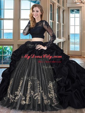 Fashionable Black Two Pieces Taffeta Scoop Long Sleeves Embroidery and Pick Ups With Train Backless Vestidos de Quinceanera Brush Train