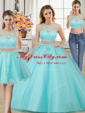 Three Piece Scoop Sleeveless Tulle Quinceanera Dress Beading and Appliques Zipper