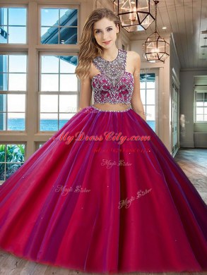 New Arrival Fuchsia Scoop Neckline Beading 15th Birthday Dress Sleeveless Criss Cross
