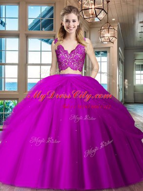 Floor Length Fuchsia Quinceanera Dresses Tulle Sleeveless Lace and Ruffled Layers