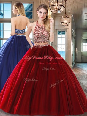 Graceful Wine Red Quinceanera Dresses Military Ball and Sweet 16 and Quinceanera and For with Beading Halter Top Sleeveless Backless