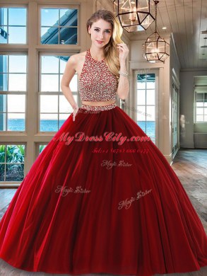 Graceful Wine Red Quinceanera Dresses Military Ball and Sweet 16 and Quinceanera and For with Beading Halter Top Sleeveless Backless