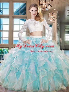Superior Scoop Aqua Blue Zipper Sweet 16 Quinceanera Dress Beading and Lace and Ruffles Long Sleeves Floor Length