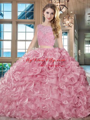 Pink Organza Lace Up Bateau Sleeveless With Train Sweet 16 Dress Brush Train Lace and Ruffles