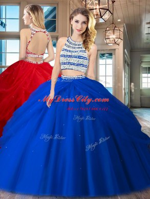 New Arrival Scoop Sleeveless Tulle Floor Length Backless Quinceanera Dresses in Royal Blue with Beading and Pick Ups