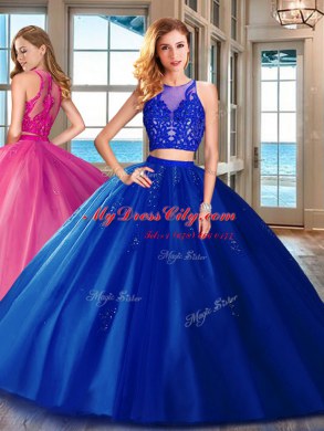 Tulle Scoop Sleeveless Zipper Appliques Quince Ball Gowns in Royal Blue
